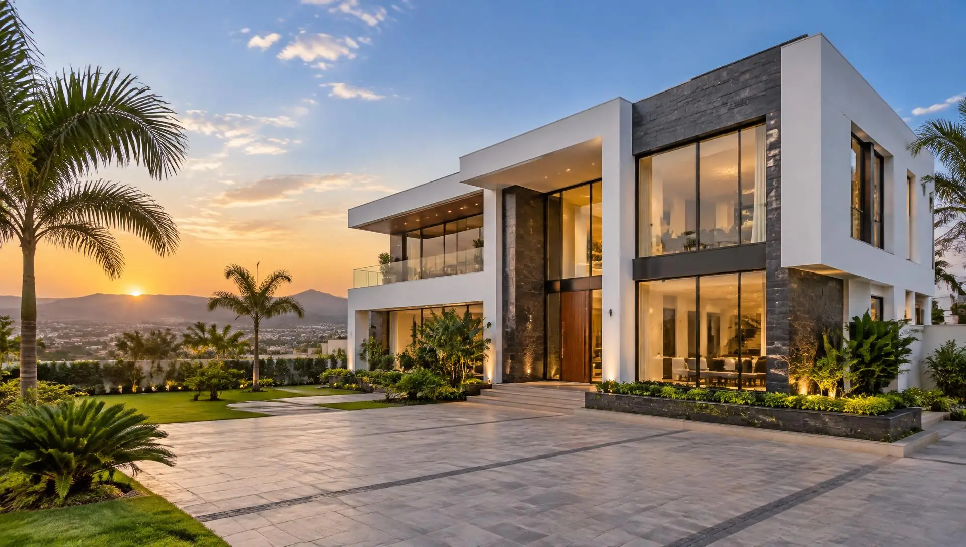 Contemporary villa architectural concept with stone cladding and tropical landscaping