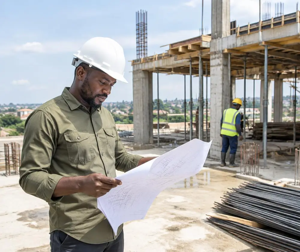 Illustrative construction engineer reviewing structural drawings on a building site